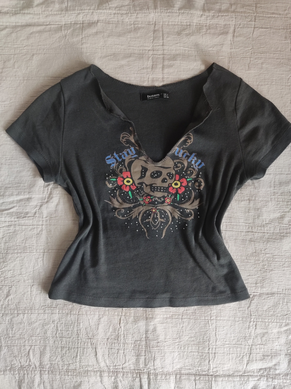 Dark Gray Graphic Skull V-Neck Tee